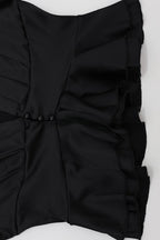 Deep V Neck Waist Cinched Ruffle Hem Shoulder Pad Blouse