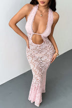 Cutout Halter Lace Slim Bodycon Floral Dress