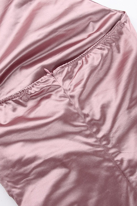 High Neck Draped Satin Slit Formal Dress