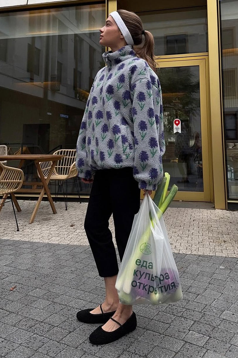 Floral Sherpa High Neck Half Zip Sweatshirt