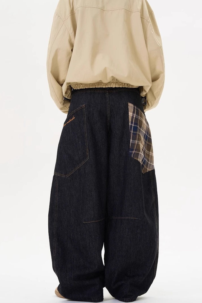 Plaid Patchwork Slouchy Retro Curved Denim Jeans Secondary image