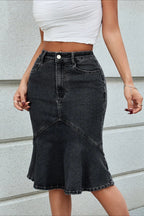 Stretch Panel Flared Mermaid Midi Denim Skirt