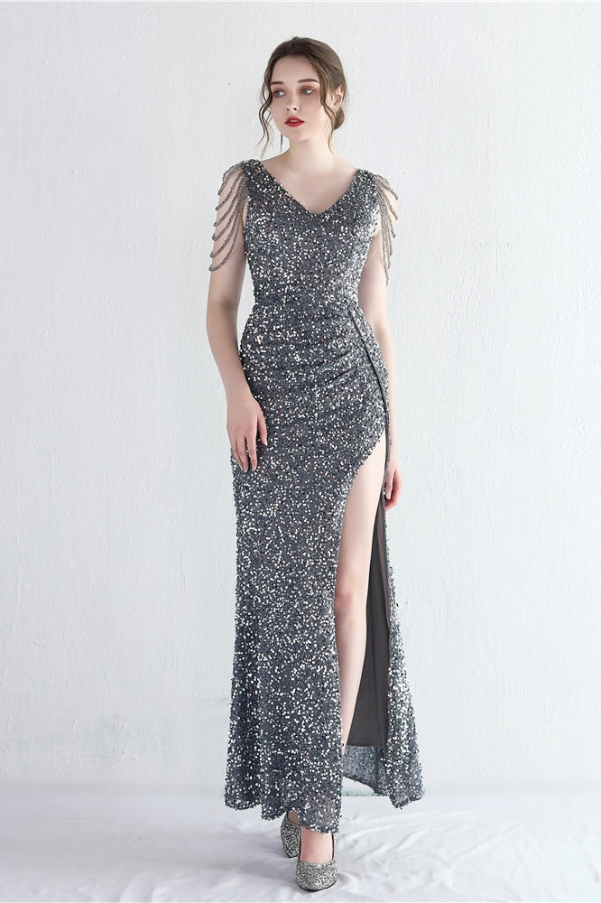 Statement Bead Mermaid Gown Formal Dress S / Grey