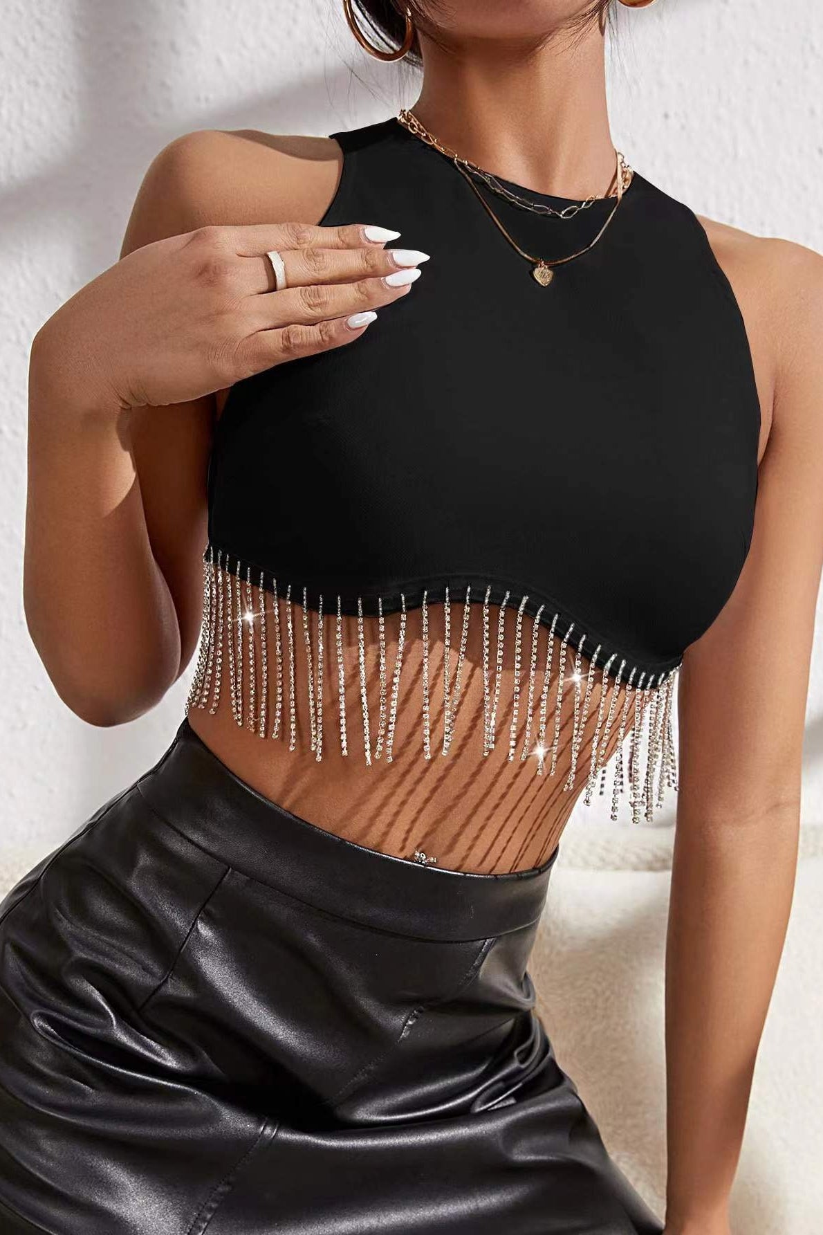 Rhinestone Fringe Trim Sleeveless Crop Top Main image