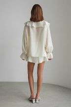 V Neck Ruffle Tie Front Blouse Shorts Set