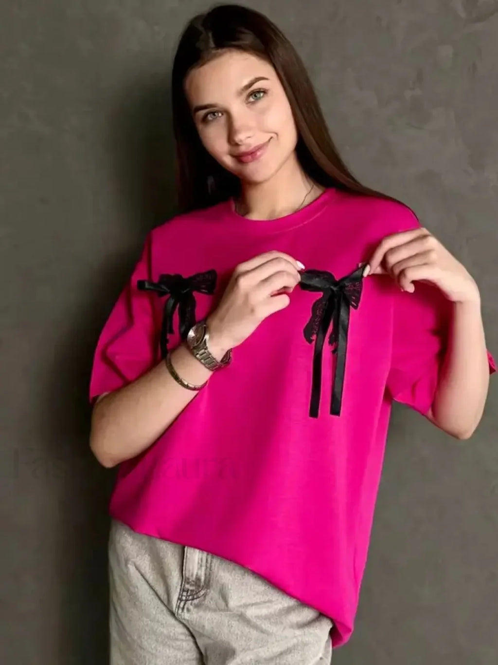 3D Bow Print Cotton T Shirt