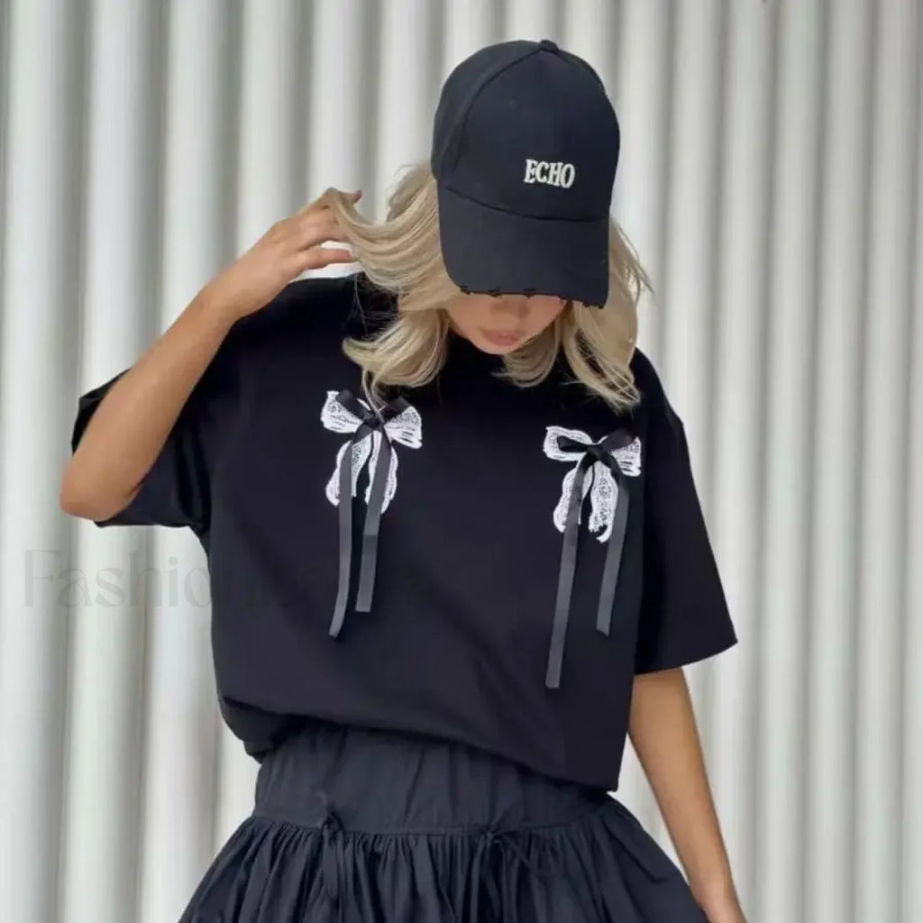 3D Bow Print Cotton T Shirt Black / M