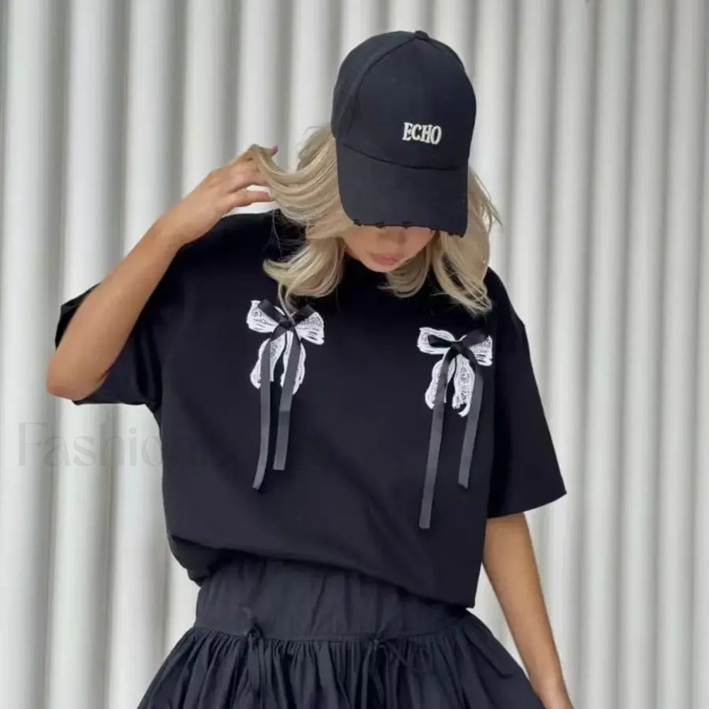 3D Bow Print Cotton T Shirt Black / M