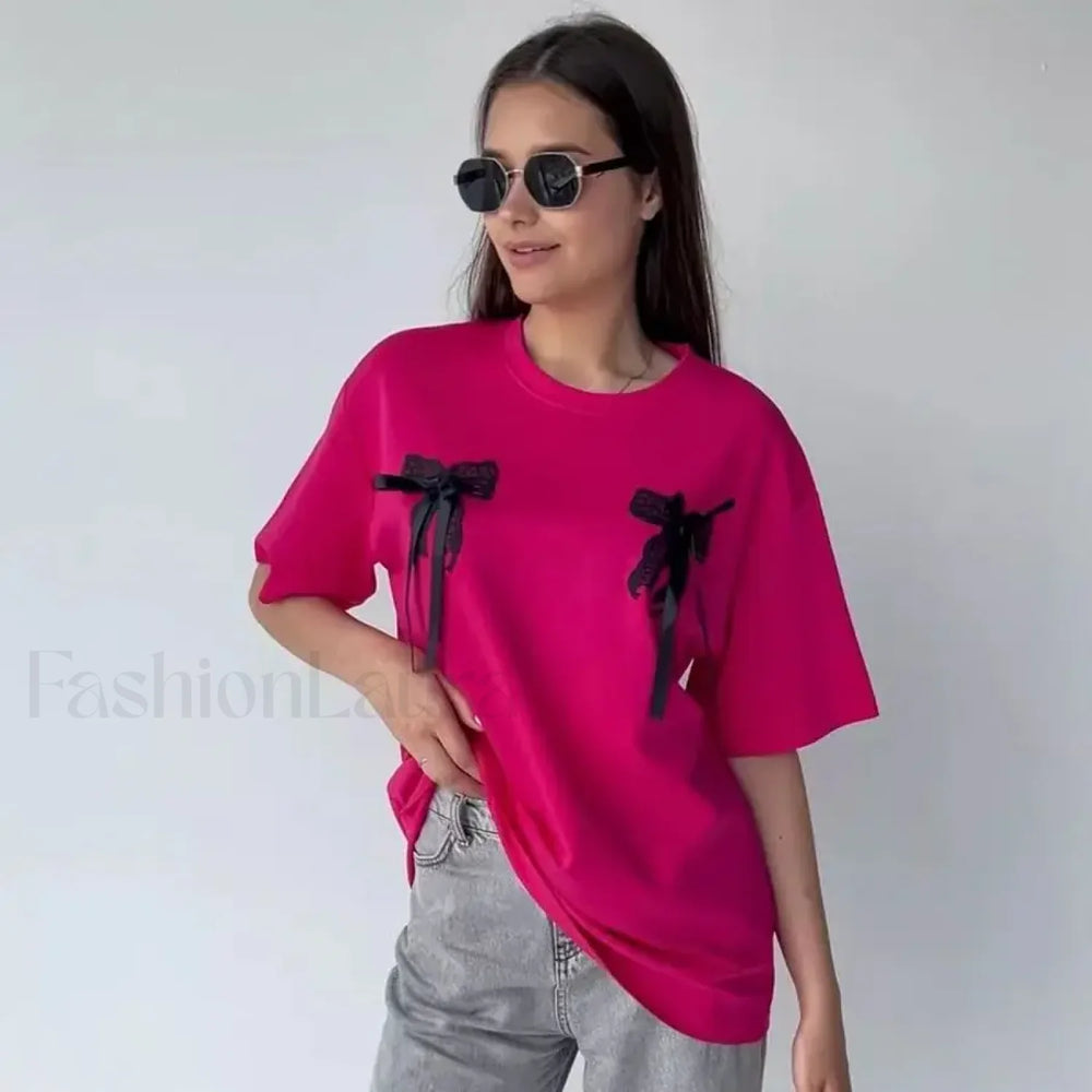 3D Bow Print Cotton T Shirt pink / M