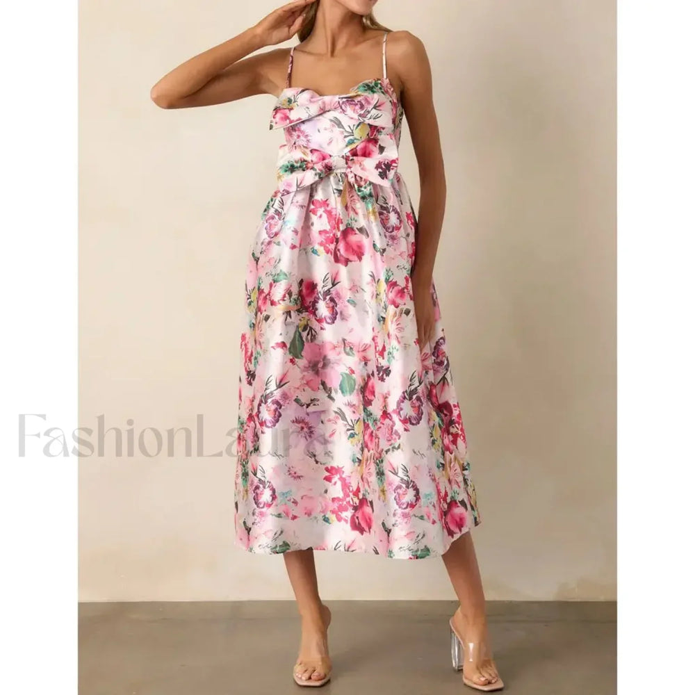 3D Bow Spaghetti Strap Midi Dress