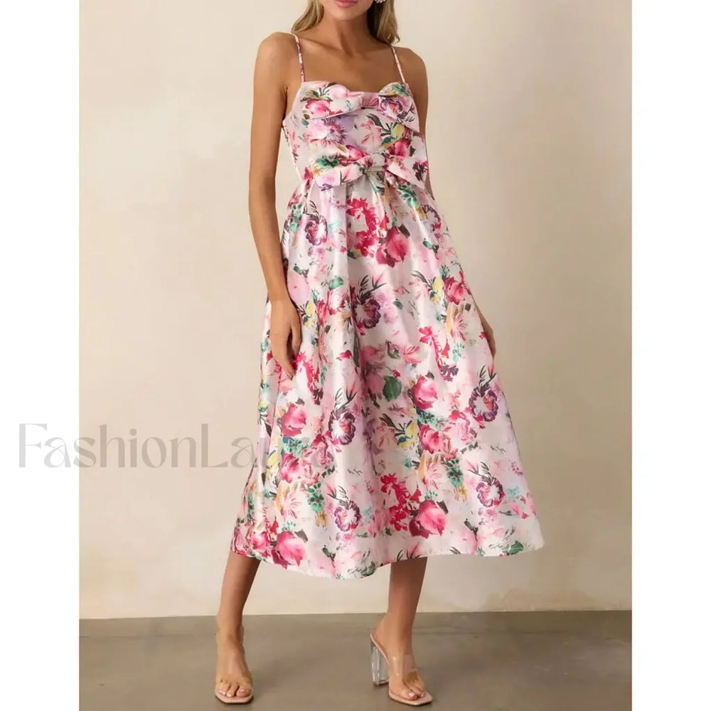 3D Bow Spaghetti Strap Midi Dress