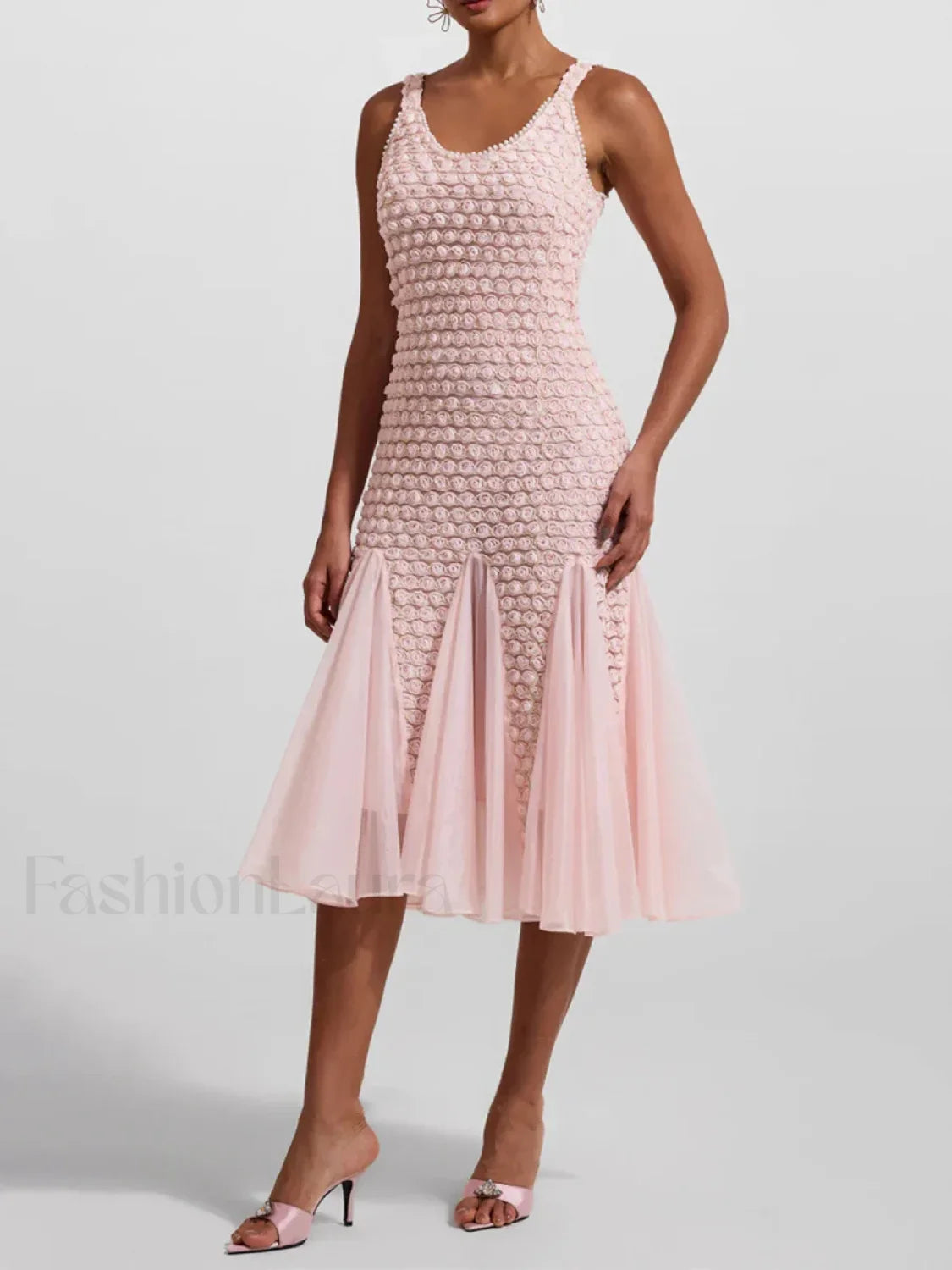 3D Floral Mesh Midi Dress PINK / S Main image