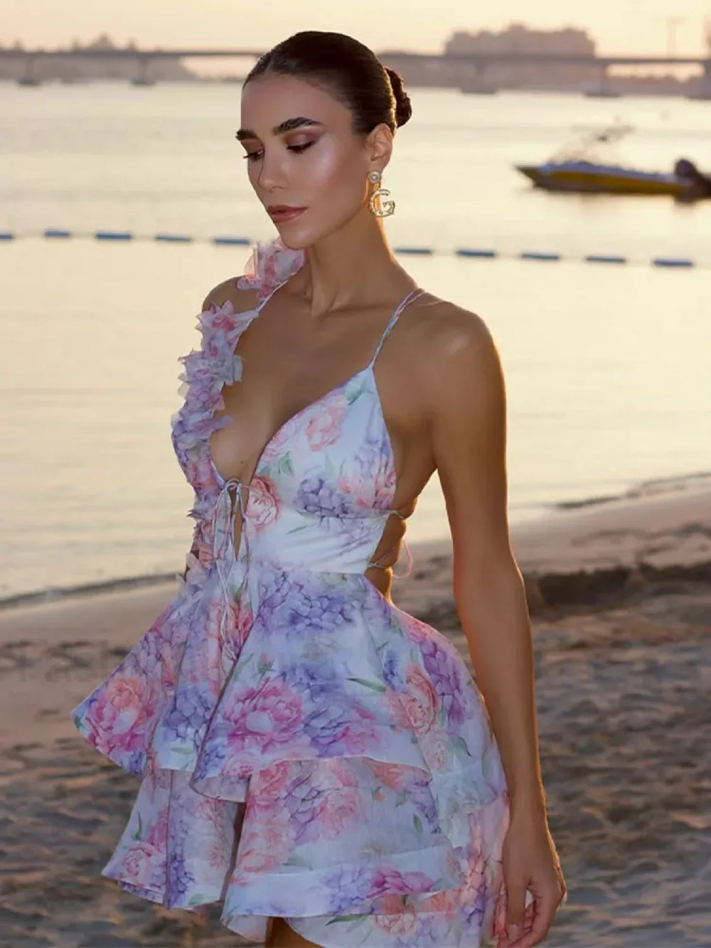 3D Floral Ruffled Mini Dress PURPLE / S