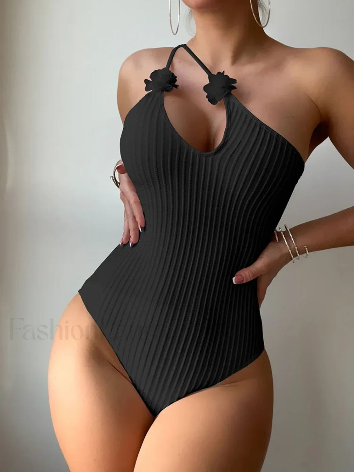 3D Floral Single Shoulder Backless One Piece Black / S Main image