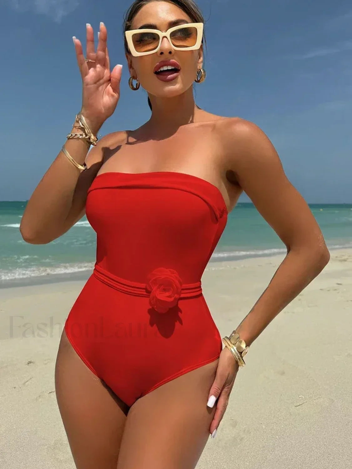 3D Floral Strapless White One Piece