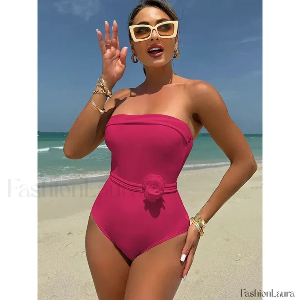 3D Floral Strapless White One Piece Rose red / S