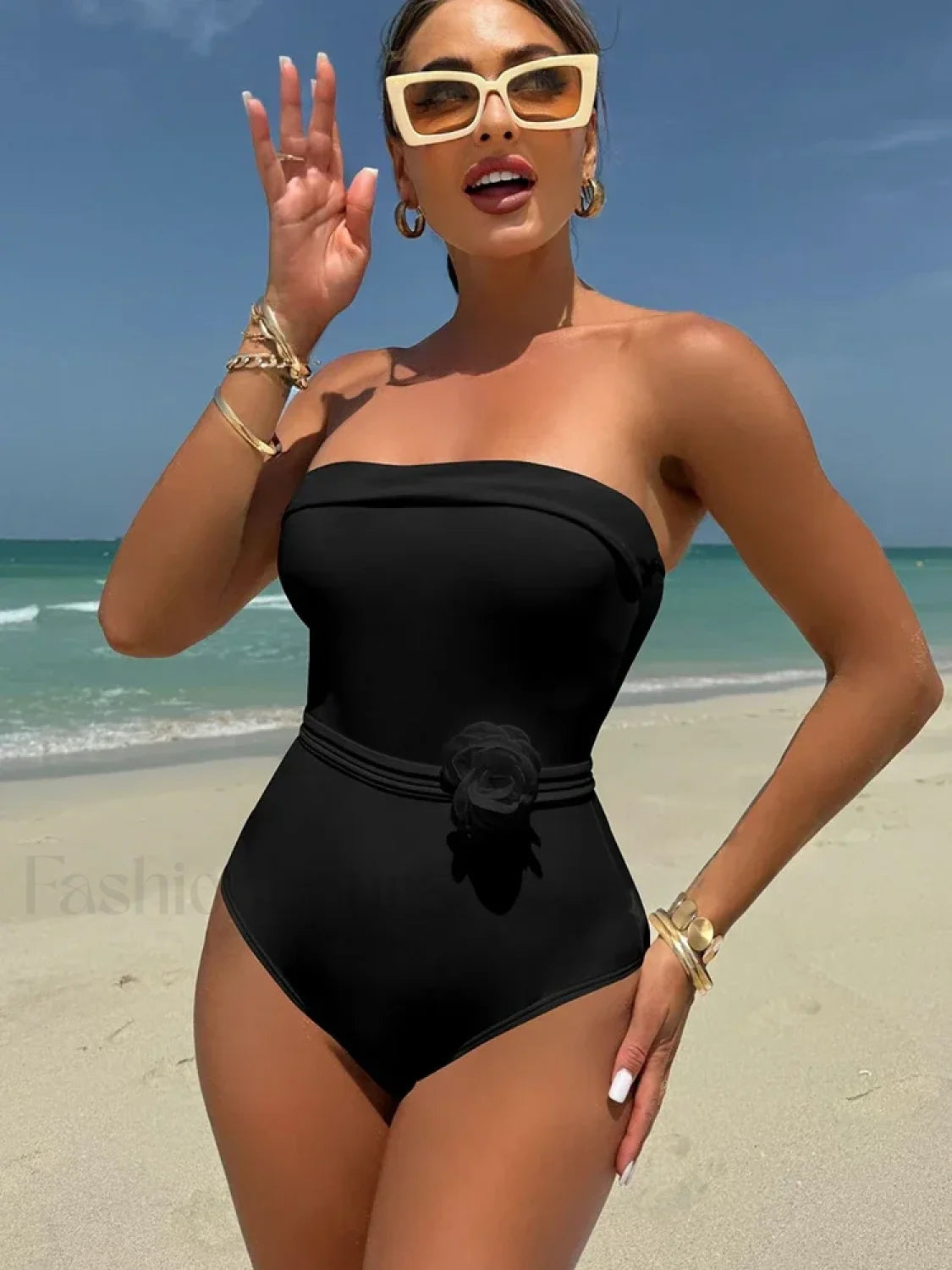 3D Floral White Strapless One Piece