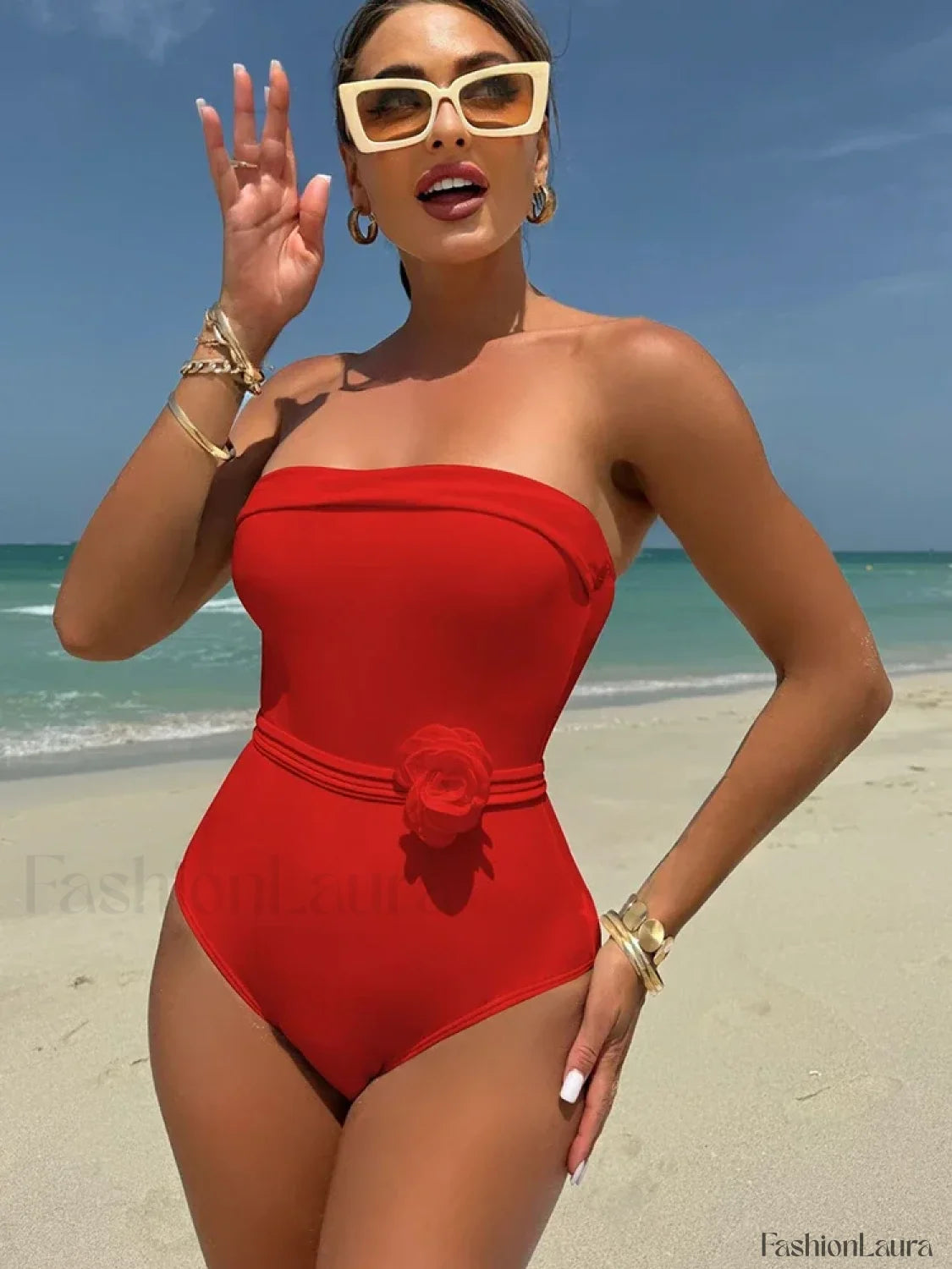 3D Floral White Strapless One Piece