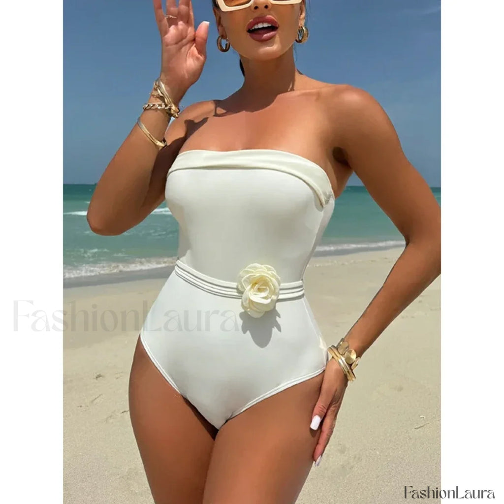 3D Floral White Strapless One Piece Beige / S