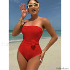 3D Floral White Strapless One Piece Red / S