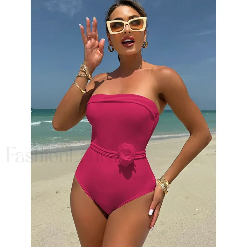 3D Floral White Strapless One Piece Rose red / S