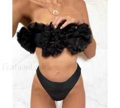 3D Flower Bandeau Bikini Set Black / S