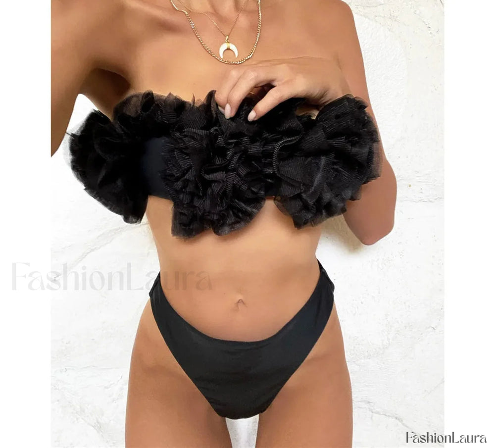 3D Flower Bandeau Bikini Set Black / S