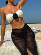 3D Flower Bandeau Skirt Three Piece Set Black Dress / S