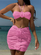 3D Flower Brazilian Skirt Three Piece Set Pink / S