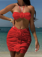 3D Flower Brazilian Skirt Three Piece Set Red / S