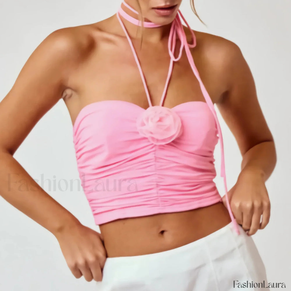 3D Flower Halter Crop Top Pink / S