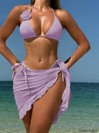 3D Flower Halter Sarong Three Piece Set Light Purple / S