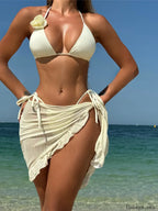 3D Flower Halter Sarong Three Piece Set Milky White / S