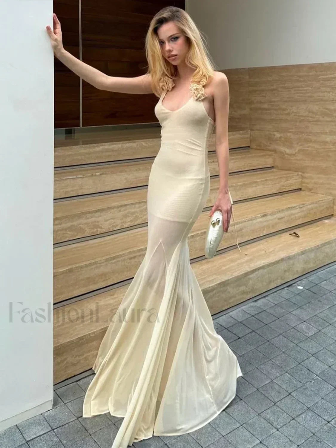 3D Flower Patchwork Halter Maxi Dress white / S Main image