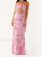 3D Flower Patchwork Tube Maxi Dress pink3 / S