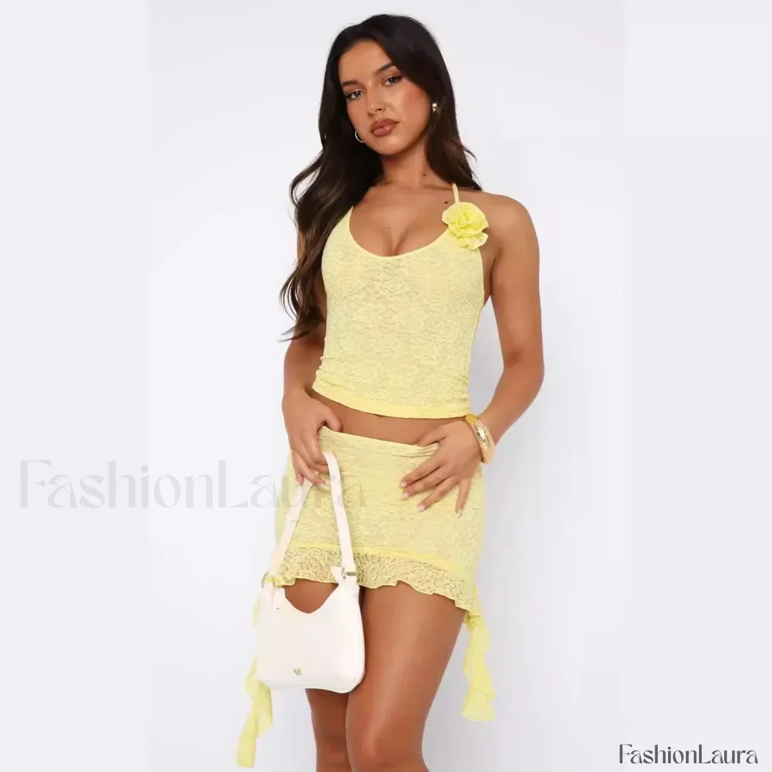 3D Flower Ruffle Mini Skirt Two Piece Set Yellow / S