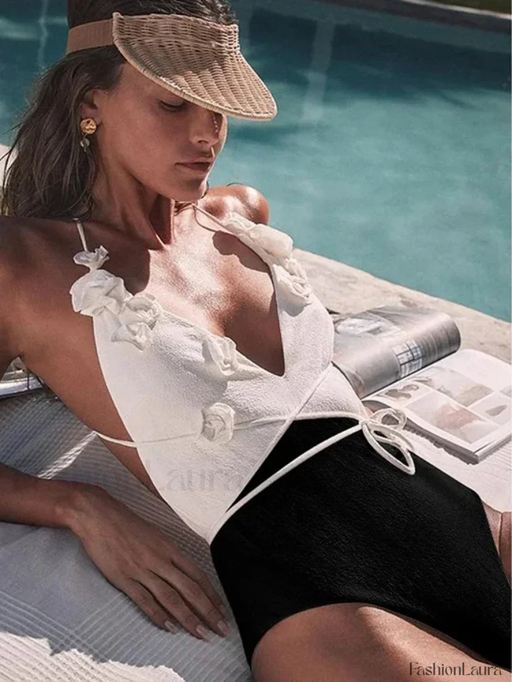 3D Flower V Neck Split Soild One Piece Black / S