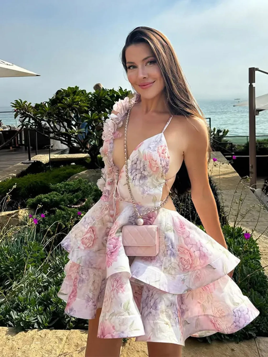 3D Flowers Lace Up Halter Backless Pleated Floral Dress Summer Beach Floral Dress