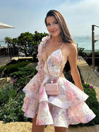 3D Flowers Lace Up Halter Backless Pleated Floral Dress Summer Beach Floral Dress