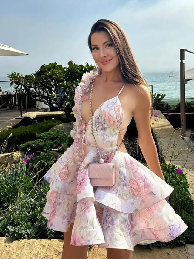 3D Flowers Lace Up Halter Backless Pleated Floral Dress Summer Beach Floral Dress Main image
