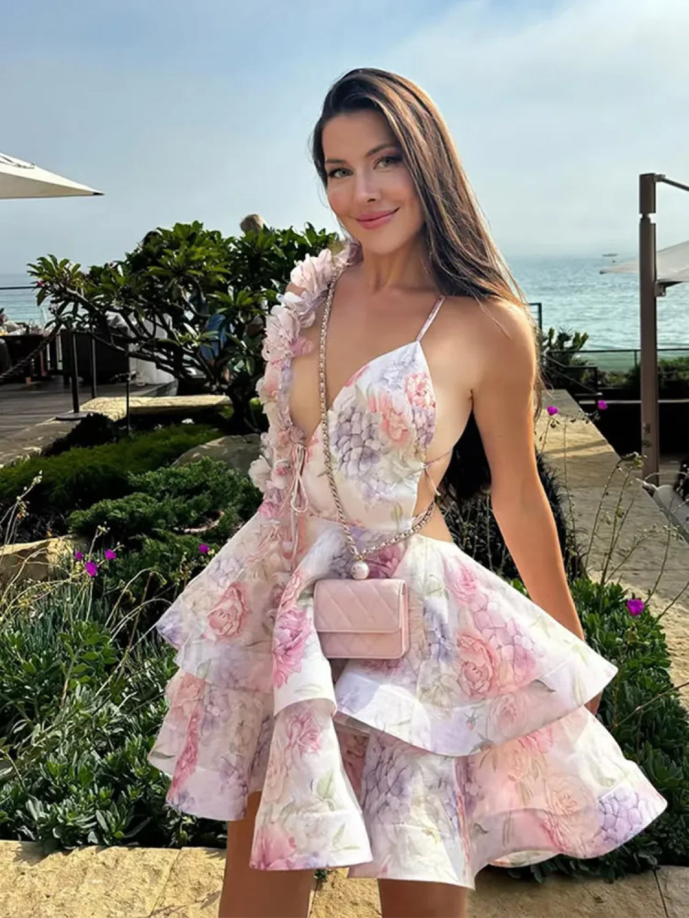 3D Flowers Lace Up Halter Backless Pleated Floral Dress Summer Beach Floral Dress