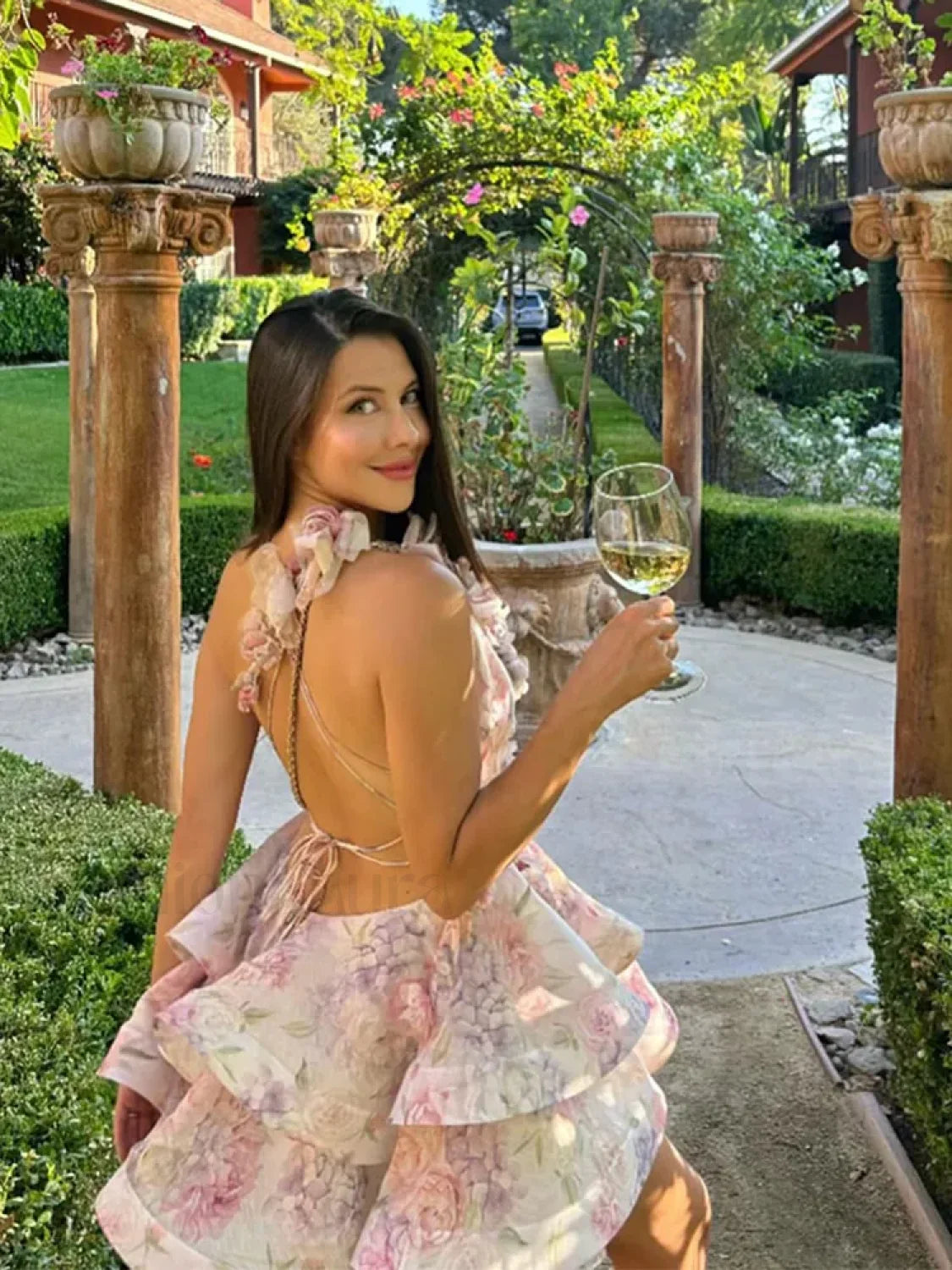 3D Flowers Lace Up Halter Backless Pleated Floral Dress Summer Beach Floral Dress Secondary image