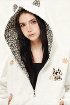 Cat Ear Leopard Lined Zip Up Hoodie