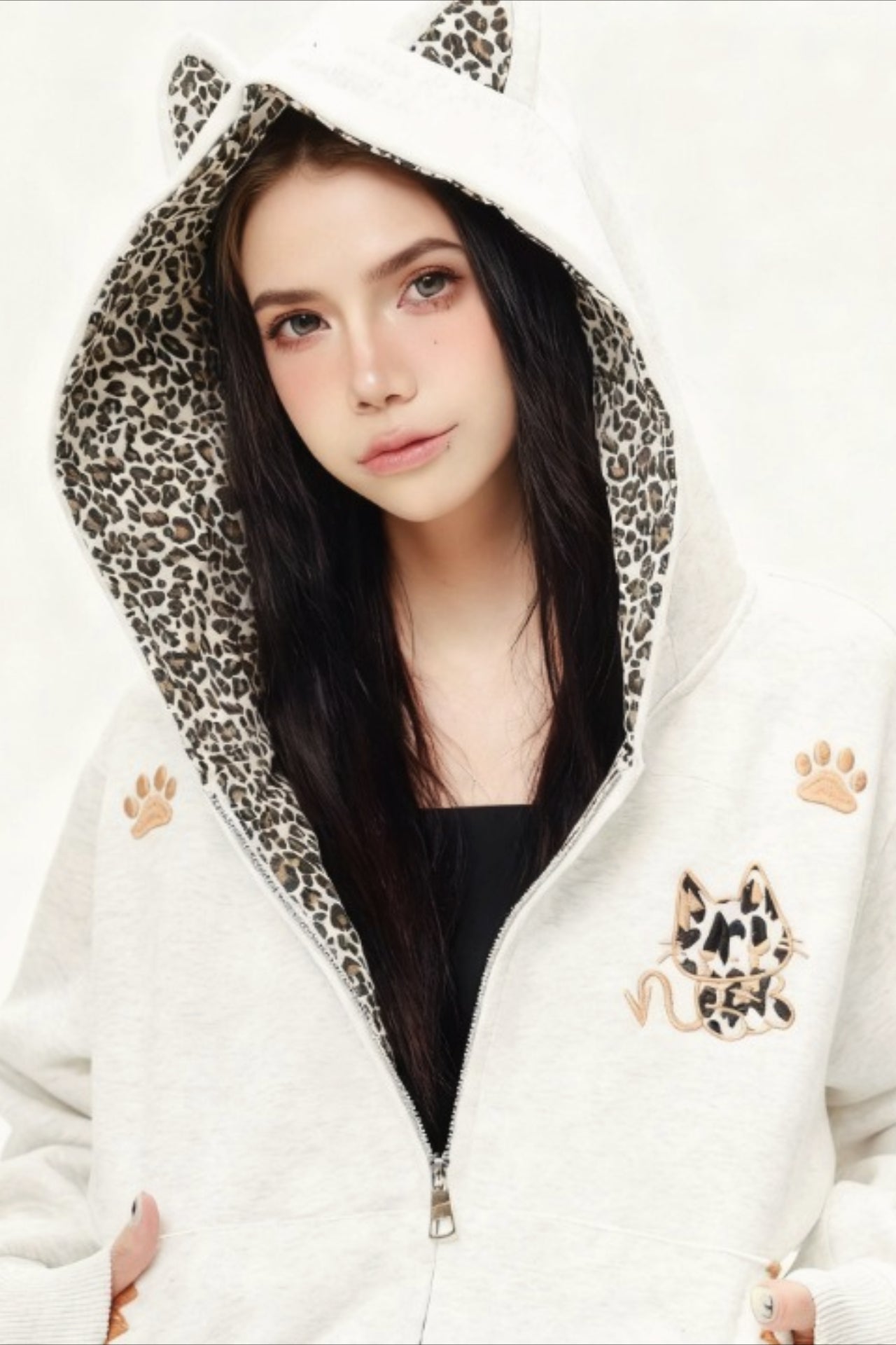 Cat Ear Leopard Lined Zip Up Hoodie