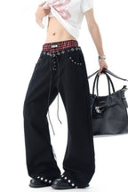 Rock Typography Stud Double Waist Jeans