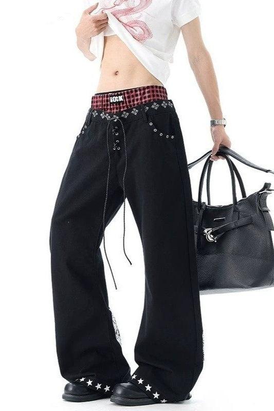 Rock Typography Stud Double Waist Jeans