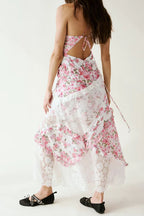 Floral Lace Panel Deep V Spaghetti Strap Maxi Dress