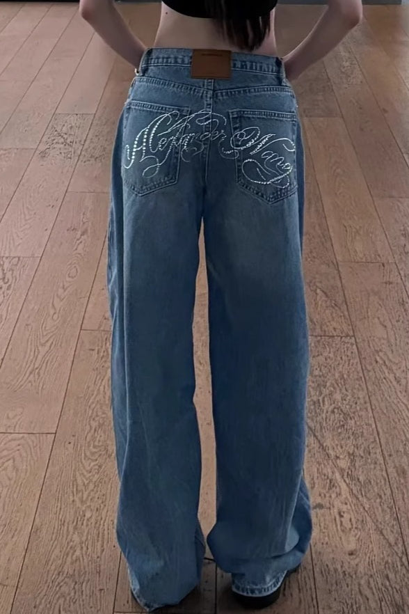 Vintage Rhinestone Letter Print Wide Leg Jeans Main image