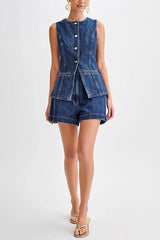 Casual High Waist Vest Denim Shorts Set