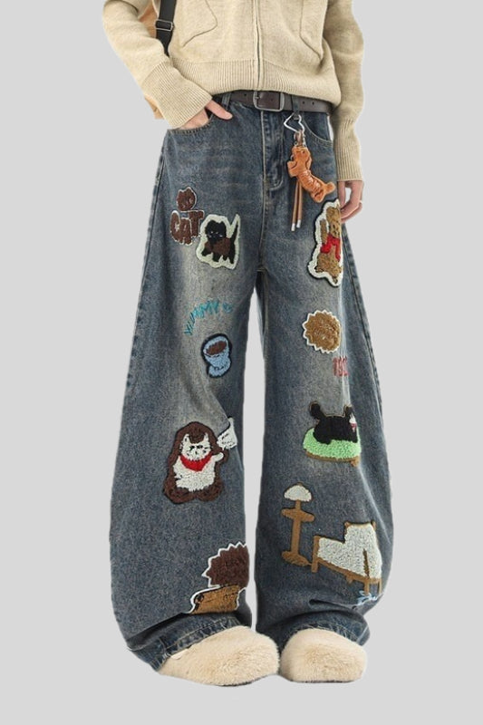 Cartoon Patch Embroidered Wide Leg Jeans